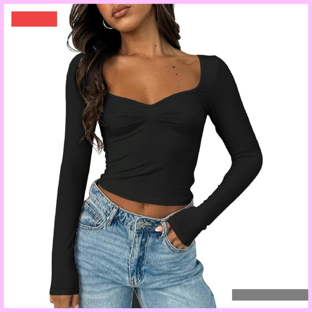 Long Sleeve Pleated Bustier Crop Top Y2k Sweetheart Neck Sexy